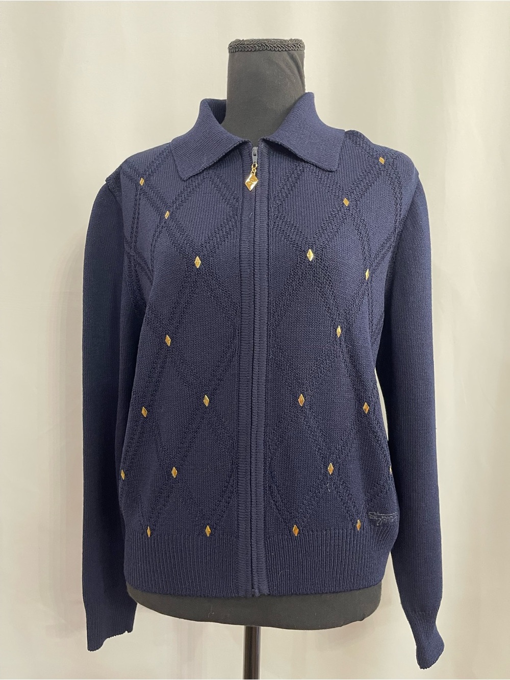St John Sport Essentials Blue Zip-Front Knit sweater with Gold Diamond Accents
